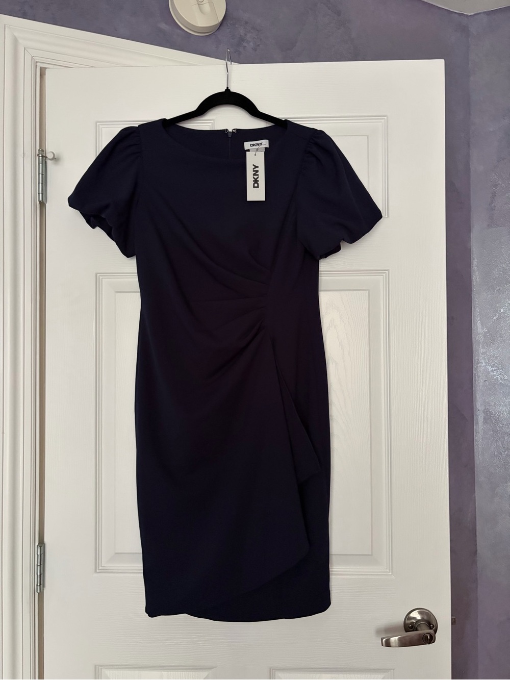 DKNY Navy Puff-Sleeve Ruched Mini Dress